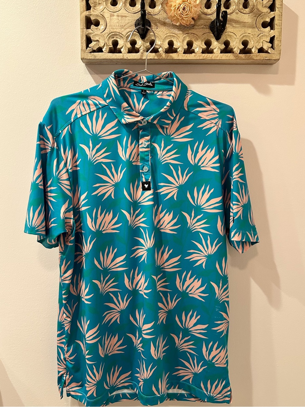 Bad Birdie Core Performance Teal Palm-Print Short Sleeve Polo